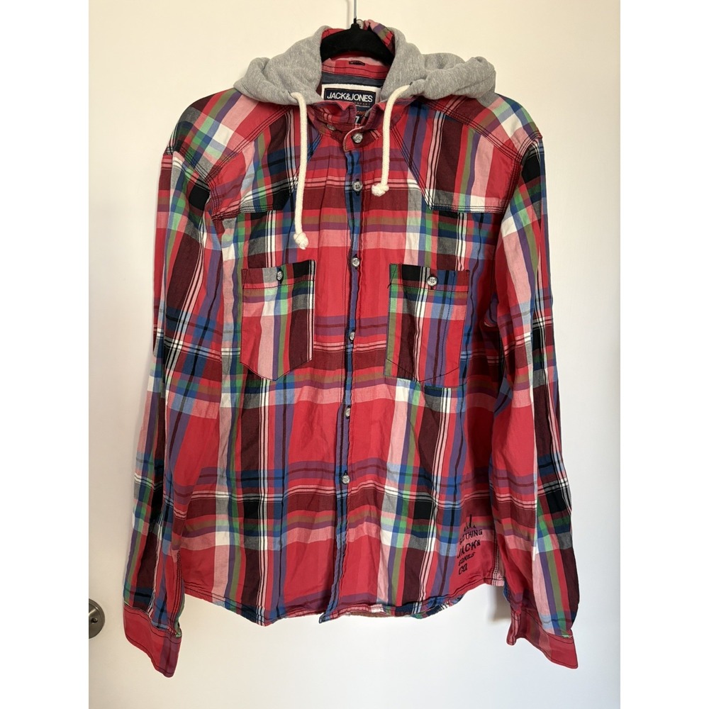 Jack & Jones Boys Detachable Hood Plaid Cotton Shirt Jacket Red Blue Green XL